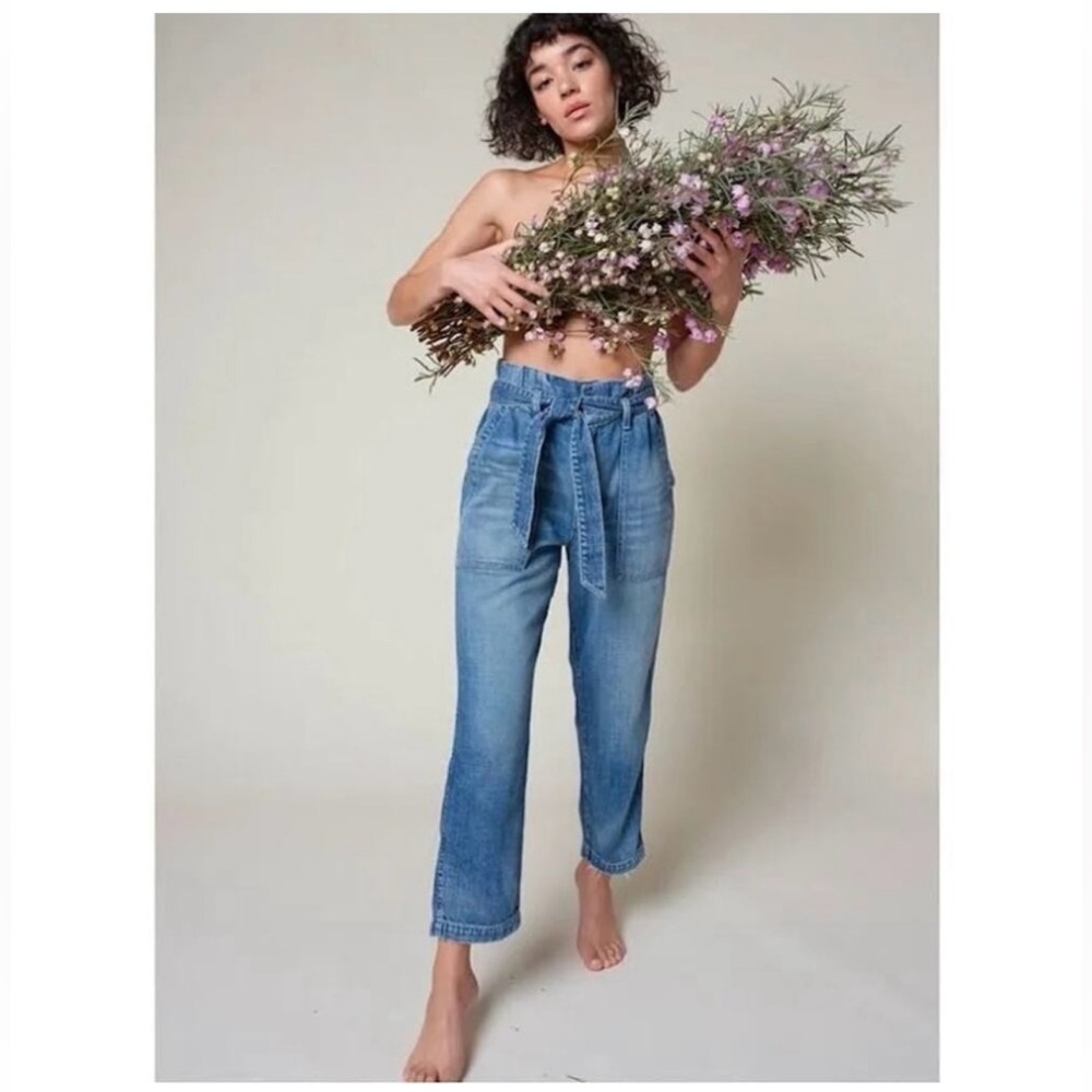 AMO Women's Paperbag Pant High Rise Relaxed Straight Vintage Blue Size 30